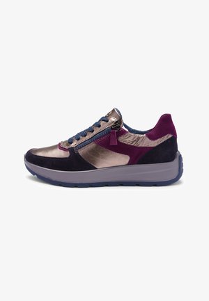 Metallic bronze and deep purple sneaker with suede accents, lace and zipper closures, contrasting blue laces, and thick purple sole.