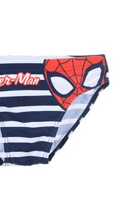 Jungen-Badehosen mit roten und blauen Streifen, einem Spider-Man-Logo und einem Spinnennetz-Design auf einer Seite. Hergestellt aus elastischem Bade-Material.