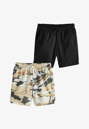 Deux paires de shorts pour hommes à taille élastique : une noire unie, une beige avec un motif camouflage marron, toutes deux dotées de poches latérales et de cordons de serrage.