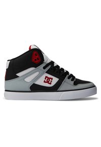 High-top sneakers in black, gray, and white leather with red accents. Features perforated panels, lace-up front, and a rubber sole.