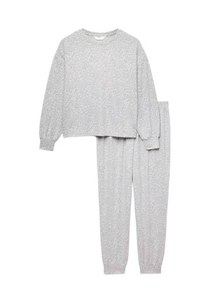 Lysegrå langærmet top og matchende bukser med subtilt dyreprint over det hele, elastiske manchetter og afslappet pasform som komfortabelt loungewear-sæt.