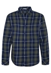 Camicia a quadri blu navy e verde realizzata in tessuto intrecciato, con chiusura frontale a bottoni, maniche lunghe e un classico colletto.