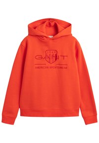 Orangene Kapuzenjacke mit verstellbarem Kordelzug, mit geprägt Logo und dem Text "GANT AMERICAN SPORTSWEAR". Hergestellt aus einer weichen Baumwollmischung.