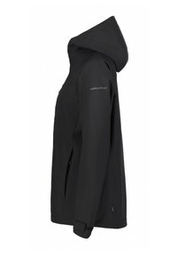 Veste noire imperméable avec capuche, manches longues et poignets réglables par Velcro. Dispose de deux poches zippées et d'un logo sur l'épaule.