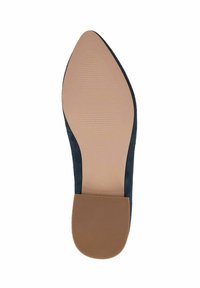 Zwarte suède schoenzool met een scherpe neus, gladde beige rubbersurface en een geribbelde textuur voor grip. Maat 37 gemarkeerd op de hak.