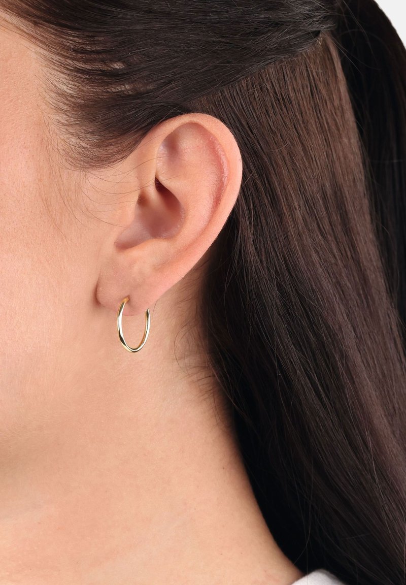 Orecchio sinistro con un piccolo orecchino ad anello d'oro, capelli castano scuro tirati dietro l'orecchio, mostrando una texture della pelle chiara.