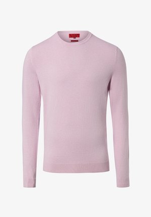 Hellrosa, langärmliger Pullover mit rundem Ausschnitt. Hergestellt aus weichem Material mit gerippten Bündchen und Saum. Minimalistisches Design, ohne Muster.