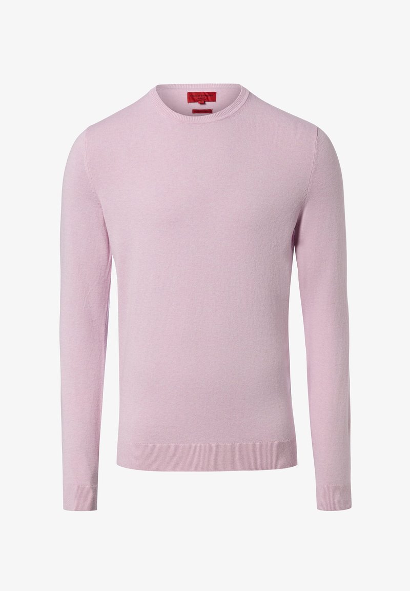 Lichtroze trui met lange mouwen en een ronde halslijn. Gemaakt van zacht materiaal met geribbelde manchetten en zoom. Minimalistisch ontwerp, zonder patronen.