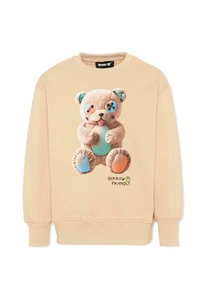 Felpa beige con un orsetto di peluche decorato da toppe multicolori e la scritta "BARROW FRIENDLY" sotto.