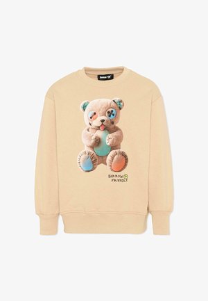 Sweat-shirt beige avec un ours en peluche en peluche orné de patchs multicolores et le texte "BARROW FRIENDLY" en dessous.