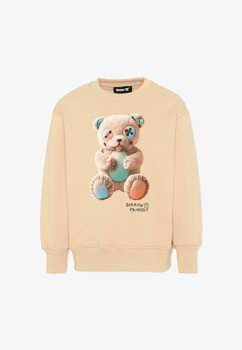 Sweat-shirt beige avec un ours en peluche en peluche orné de patchs multicolores et le texte "BARROW FRIENDLY" en dessous.