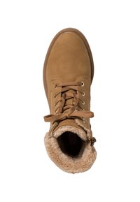 Botte beige avec un extérieur lisse et un col en fourrure douce. Équipée de lacets ronds et d'œillets en métal. La semelle est en caoutchouc texturé.