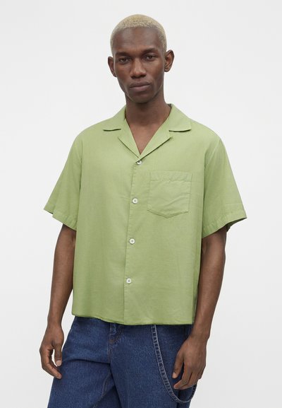 Άνδρας με κοντά ξανθά μαλλιά, που φοράει ανοιχτοπράσινο πουκάμισο με κοντά μανίκια και μπλε τζιν παντελόνι με απλό φόντο.