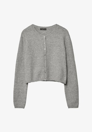 Gray cropped cardigan made of soft knit fabric, featuring a round neckline, long sleeves, and a button-down front with metallic buttons.