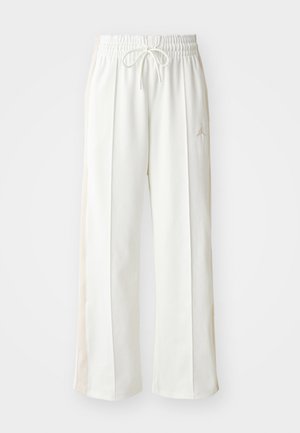 Hvite bukser med brede ben laget av sweatstoff, med elastisk midjebånd og snøring, og en subtil beige sidepanel og preget logo-detalj.