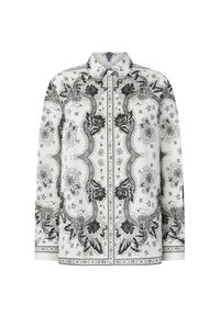 Blusa bianca con motivi floreali neri, motivi paisley e dettagli intricati. Tessuto morbido con colletto e bottoni frontali.