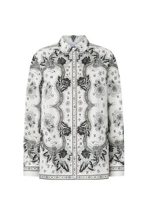 Bijela bluzica s crnim cvjetnim uzorcima, paisley motivima i složenim detaljima. Mekana tkanina s ovratnikom i prednjim gumbima.