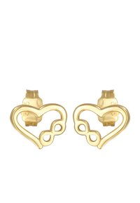 Goldene Ohrringe in Herzform, mit einem integrierten Unendlichkeitssymbol im Design. Glatte Textur mit glänzender Oberfläche.