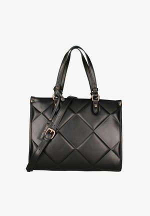 Borsa a tracolla nera in pelle trapuntata con doppio manico, cinturino regolabile e dettagli in metallo dorato. Forma arrotondata con fondo piatto.