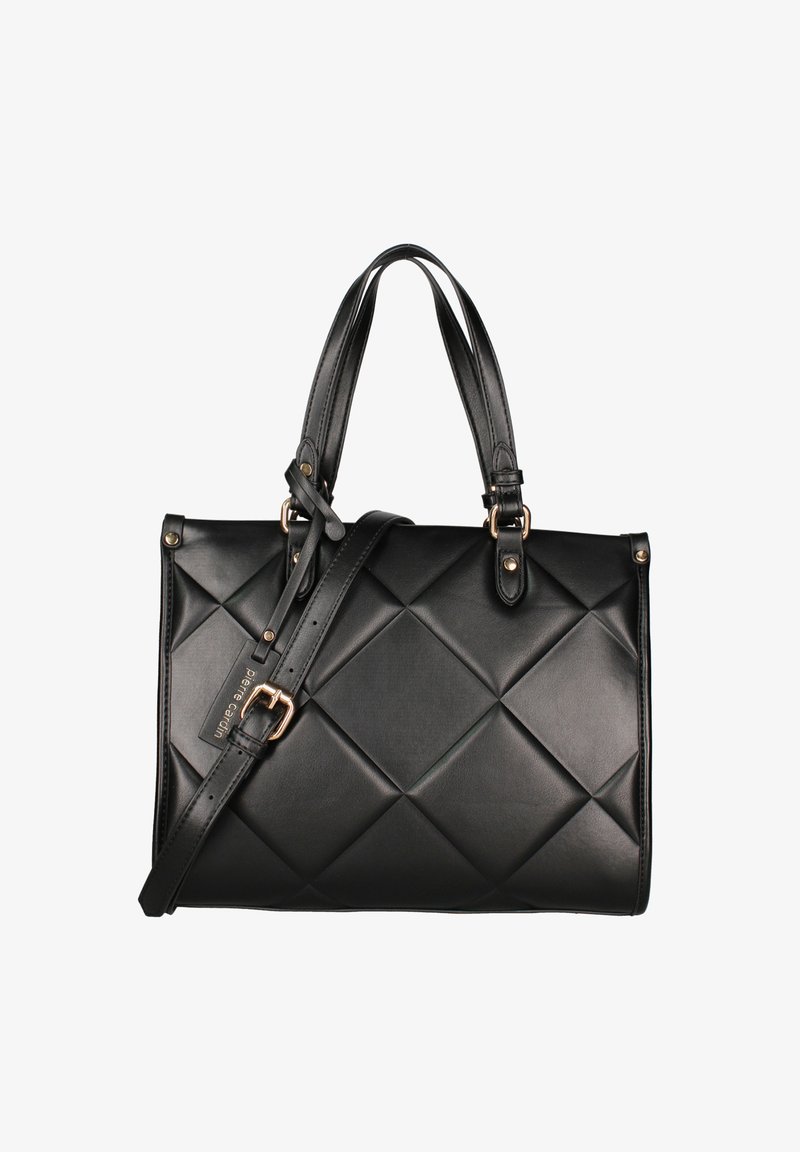 Sac à main en cuir matelassé noir avec poignées doubles, bandoulière ajustable et détails en métal doré. Forme arrondie avec un fond plat.
