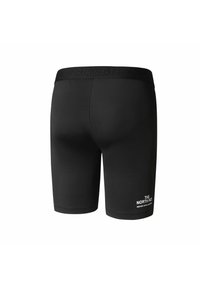 Czarne sportowe szorty o dopasowanym kroju, wykonane z gładkiego materiału. Posiadają logo po lewej stronie na dole oraz elastyczny pasek w talii.