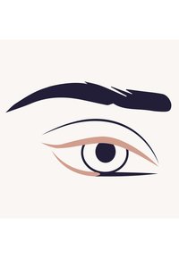 Grafisk illustration av ett stiliserat öga med en mörk ögonbryn, ett ljust ögonlock och en framträdande svart pupill på en neutral bakgrund.