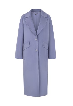 Light purple long coat made from a soft fabric, featuring a notched collar, two front pockets, and two buttons for closure.