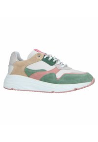 Sneaker multicolore con materiali in suede e rete nei colori rosa, verde, beige e bianco. Suola in gomma spessa con dettagli testurizzati e chiusura con lacci.