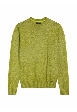 Jasnozielony sweter z teksturowanej dzianiny, z okrągłym dekoltem oraz ściągaczami przy mankietach i dolnym brzegu. Mała metka z logo na dole po lewej stronie.