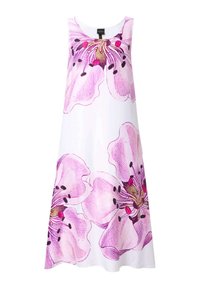 Ärmeloses Kleid aus leichtem Stoff, mit einem weißen Grund und großen rosa Blumenmustern sowie dunklen Akzenten in der Mitte.