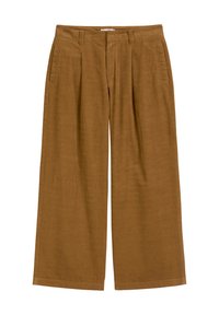 Bruine wijde broek met een gestructureerde afwerking, voorzien van twee zijzakken en plooien aan de voorkant, ontworpen voor comfort en casual kleding.