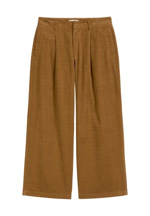 Pantalons larges marron avec une finition texturée, dotés de deux poches latérales et de plis à l'avant, conçus pour le confort et un style décontracté.