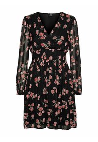 Svart blommig omlotklänning med långa, genomskinliga ärmar, som har en smockad midja och ett mönster av rosa blommor och gröna stjälkar.