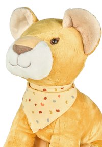 Plush lion toy with soft yellow fur, brown nose, white face, and a patterned beige scarf featuring colorful speckles.