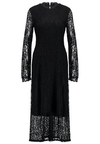 Svart långärmad midiklänning i spets med blommönster, hög halsringning samt halvgenomskinliga spetsärmar och nederkant.