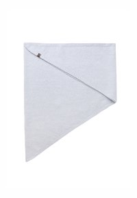 Fular triunghiular gri deschis, realizat dintr-un material moale, cu margine ondulată și un eticheta mică a mărcii cusută în țesătură.