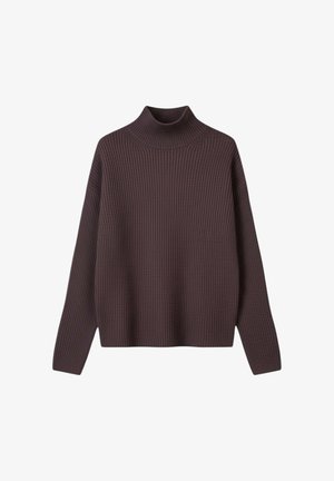 Maglione a collo alto a coste di colore viola profondo. Vestibilità ampia con maniche lunghe, caratterizzato da un colletto alto e tessuto strutturato.