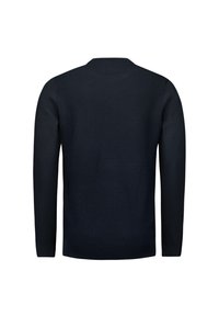 Donkerblauwe gebreide trui met lange mouwen, voorzien van een gestructureerd patroon en een ronde halslijn, gemaakt van een zachte, rekbare stof.