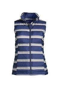 Marineblaue Steppweste mit horizontalen weißen Streifen, hohem Kragen und Reißverschluss vorne. Verfügt über eine gesteppte Textur und ein ärmelloses Design.