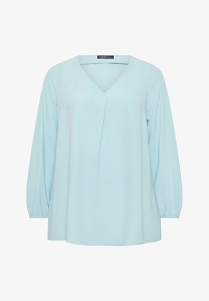 Hellblaue Langarmbluse mit V-Ausschnitt, leichter Vorderfalte und elastischen Bündchen, entworfen für Damen in Übergrößen.