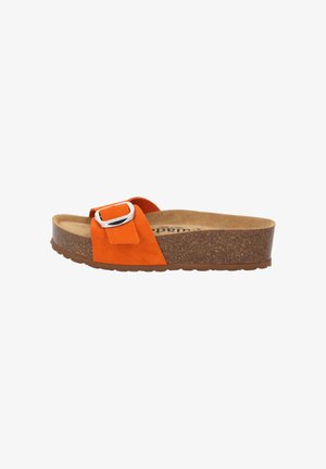 Orange suede slide sandal with a cushioned cork footbed, featuring a wide strap and silver-tone buckle for secure fit. Flat sole design.