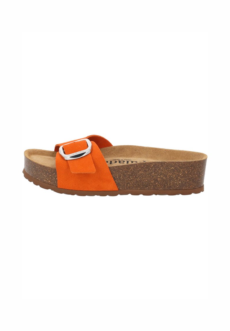 Orange suede slide sandal with a cushioned cork footbed, featuring a wide strap and silver-tone buckle for secure fit. Flat sole design.