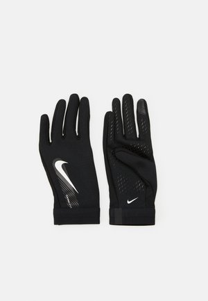 Guanti sportivi neri realizzati in tessuto testurizzato, con un logo Nike riflettente e una presa motivata sulle dita per una migliore maneggevolezza.