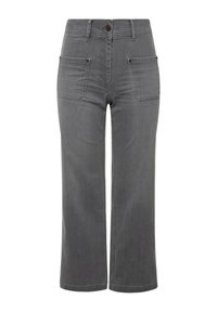 Jeans de denim de pierna ancha en color gris, con bolsillos delanteros y traseros, cierre de botón y detalles de costura sutiles.