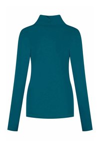 Langärmliges Oberteil in Blaugrün mit hohem Kragen, glatter Textur und figurbetontem Design. Keine sichtbaren Muster oder Verzierungen. Rückansicht gezeigt.