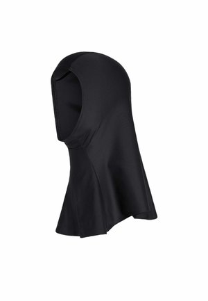Cappuccio in tessuto nero elastico che copre la testa e il collo, estendendosi fino alle spalle con un design liscio e senza cuciture.