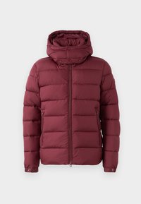 Giacca a vento bordeaux con cappuccio rimovibile, design trapuntato, zip frontale e tasche laterali. Texture liscia e dettagli con bottoni a pressione.