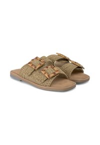 Beżowe klapki o plecionej teksturze, z dwoma ozdobnymi klamrami w kolorze bursztynu. Płaska podeszwa o jasnym kolorze i miękkim materiale.