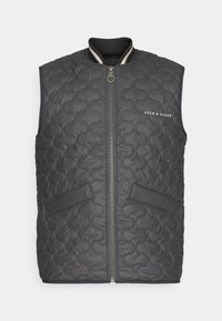 Gray quilted vest with zip closure, ribbed collar, two front pockets, and subtle logo. Features rounded stitching and smooth texture.