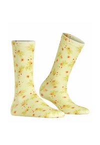 Gelbe Baumwollsocken mit einem floralen Muster, das pinke und orangefarbene Blumen mit hellgrünen Stängeln und einem gerippten Bündchen-Design zeigt.